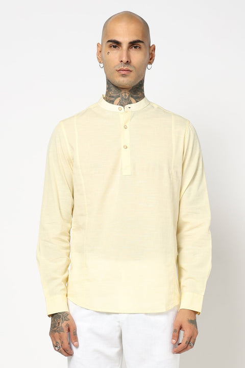 Cream Solid Cotton Shirt Kurta - Kurta - 240126553