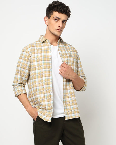 ELARIO Light Khakhi Checkered Shirt - Shirt - 250330978