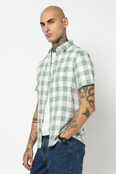 GREEN BUFFALO CHECKERED HALF SLEEVE SHIRT-Shirts - 250631452