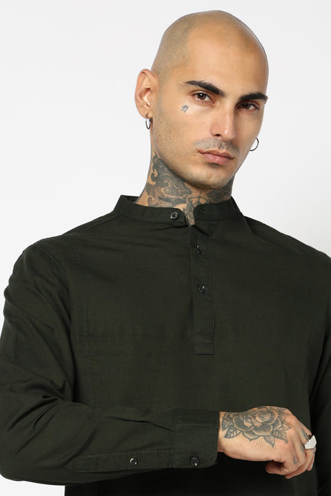 Green Solid Cotton Kurta Shirt - Kurta - 240120036