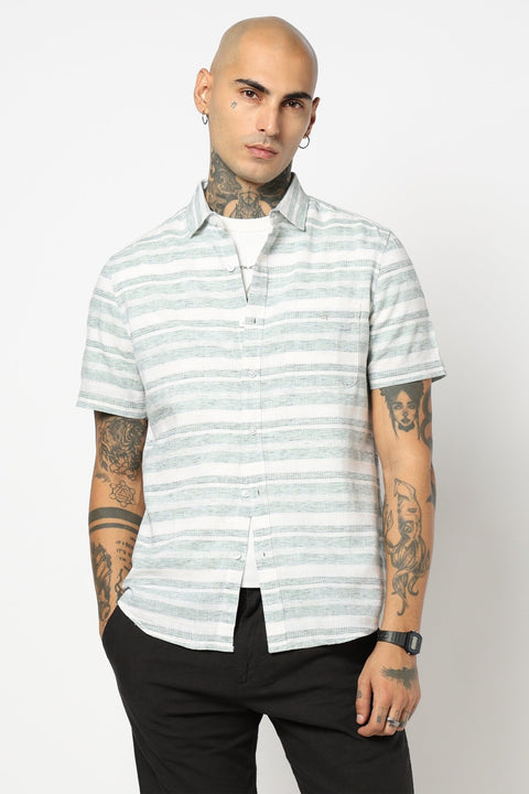 GREEN STRIPED HALF SLEEVE SHIRT-Shirts - 250631572