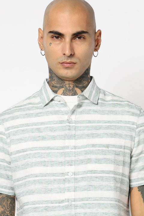 GREEN STRIPED HALF SLEEVE SHIRT-Shirts - 250631572