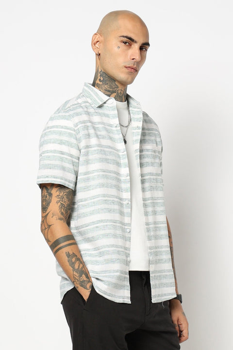GREEN STRIPED HALF SLEEVE SHIRT-Shirts - 250631572