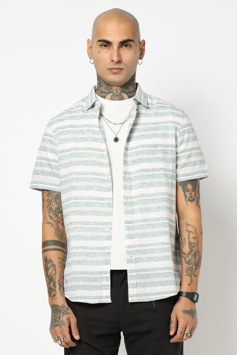GREEN STRIPED HALF SLEEVE SHIRT-Shirts - 250631572