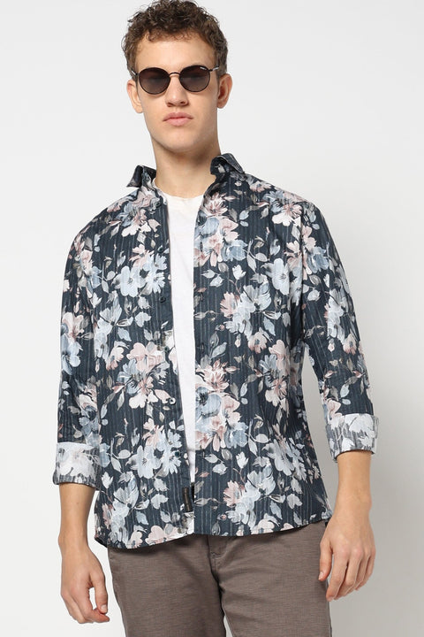 Grey Floral Printed Shirt - Shirts - 241230157