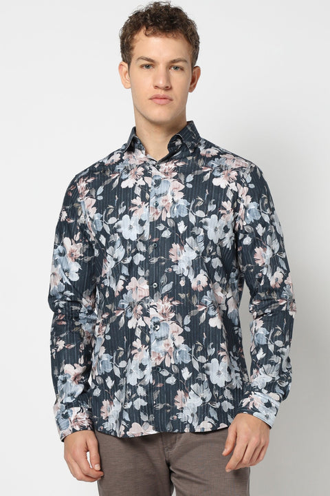 Grey Floral Printed Shirt - Shirts - 241230157