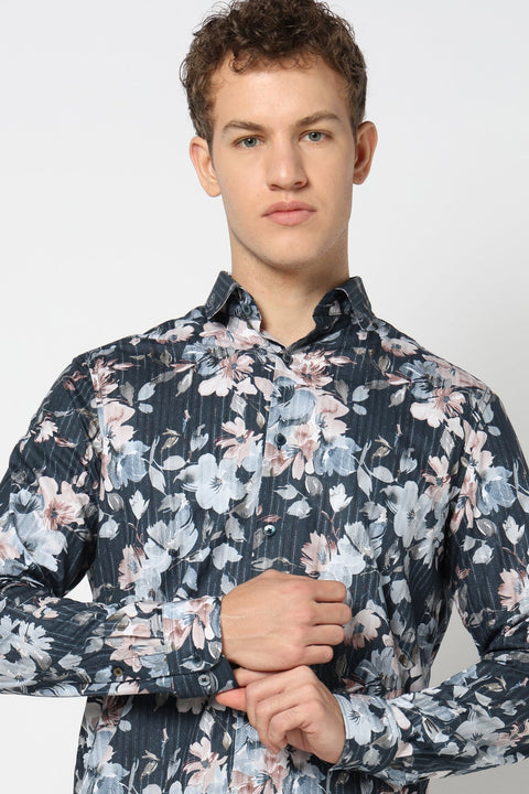 Grey Floral Printed Shirt - Shirts - 241230157