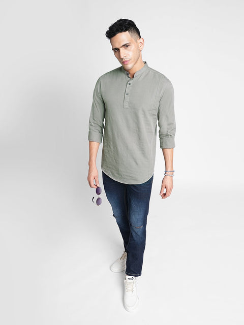 Grey Solid Cotton Kurta Shirt - Kurta - 240126513