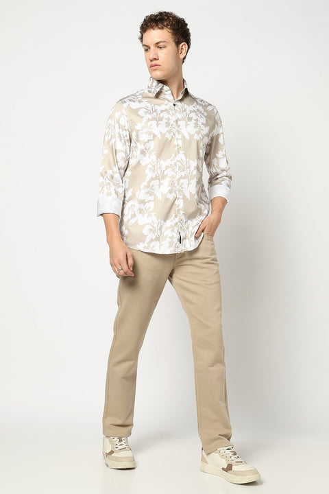 Khakhi Floral Printed Tailored Fit Shirt - Shirt - 241230182