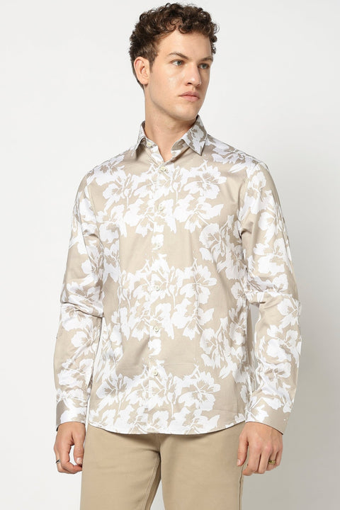 Khakhi Floral Printed Tailored Fit Shirt - Shirt - 241230182