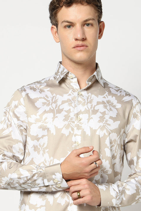 Khakhi Floral Printed Tailored Fit Shirt - Shirt - 241230182