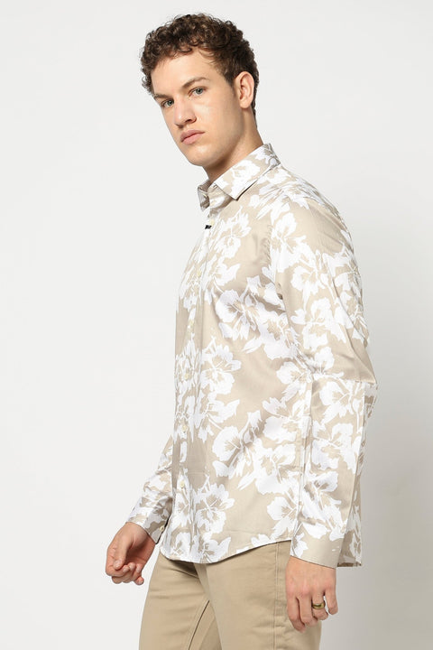 Khakhi Floral Printed Tailored Fit Shirt - Shirt - 241230182