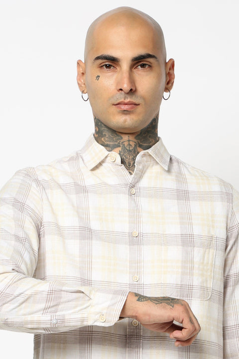 KHAKHI GLEN CHCEKERD LINEN SHIRT-Shirt - 250731797