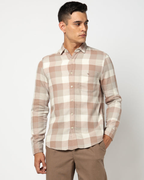 Light Brown Checkered Tailored Fit Shirt - Shirts - 250331078