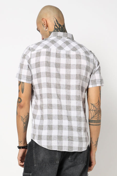 LIGHT GREY BUFFALO CHECKERED HALF SLEEVE LINEN SHIRT-Shirt - 250631447