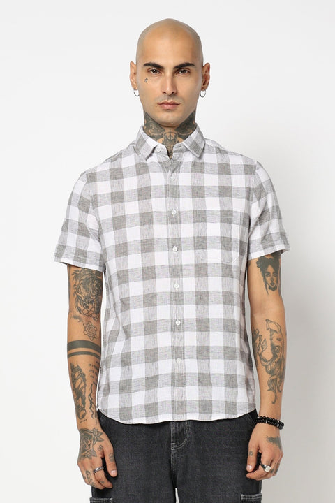 LIGHT GREY BUFFALO CHECKERED HALF SLEEVE LINEN SHIRT-Shirt - 250631447