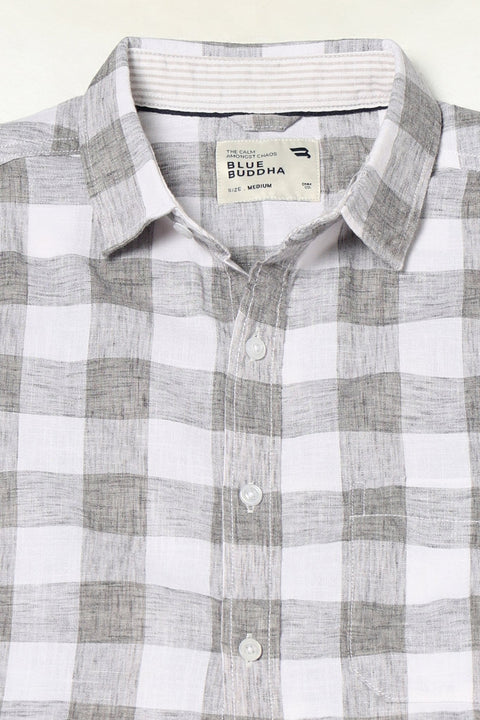 LIGHT GREY BUFFALO CHECKERED HALF SLEEVE LINEN SHIRT-Shirt - 250631447