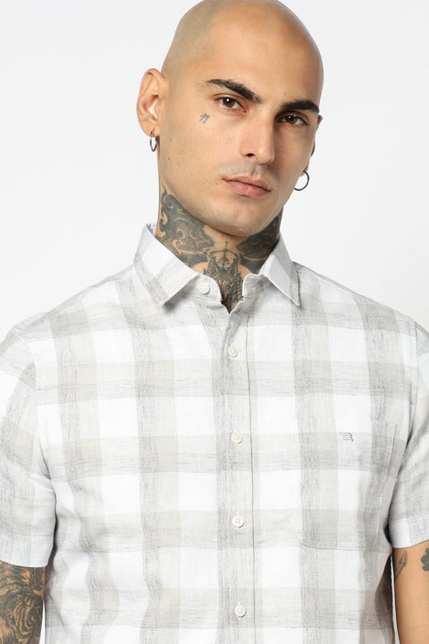 LIGHT GREY GINGHAM CHECKERED HALF SLEEVE SHIRT-Shirt - 250531263