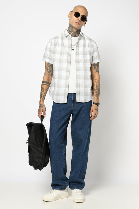 LIGHT GREY GINGHAM CHECKERED HALF SLEEVE SHIRT-Shirt - 250531263