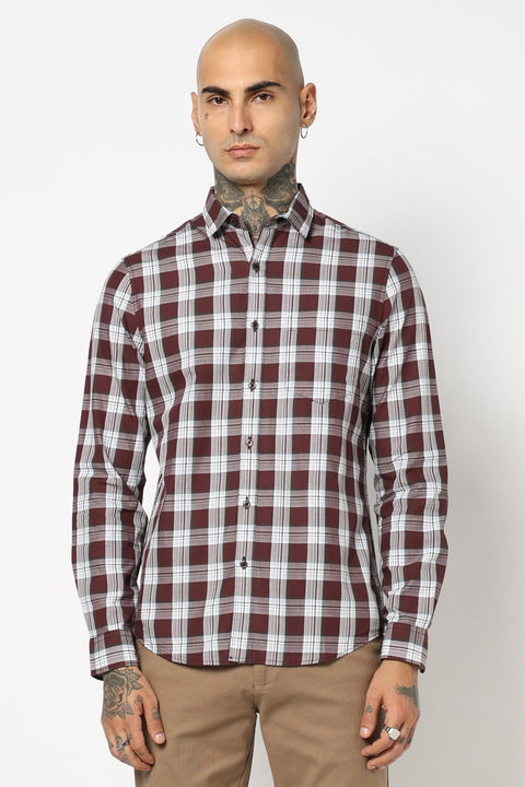 MAROON CHECKERED FULL SLEEVE TAILORED FIT SHIRT-Shirt - 250731697