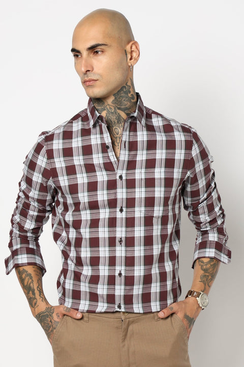 MAROON CHECKERED FULL SLEEVE TAILORED FIT SHIRT-Shirt - 250731697