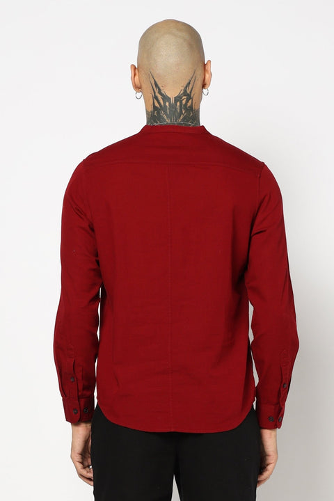 Maroon Mandarin Collar Shirt - Kurta - 221123421