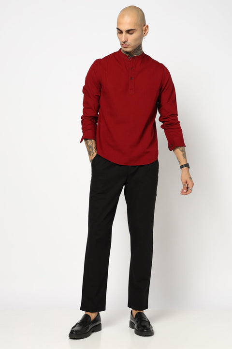 Maroon Mandarin Collar Shirt - Kurta - 221123421