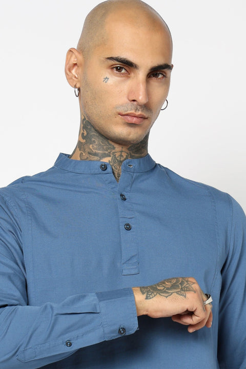 Mid Blue Solid Cotton Kurta Shirt - Kurta - 240126518
