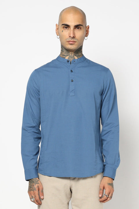 Mid Blue Solid Cotton Kurta Shirt - Kurta - 240126518