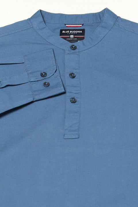 Mid Blue Solid Cotton Kurta Shirt - Kurta - 240126518