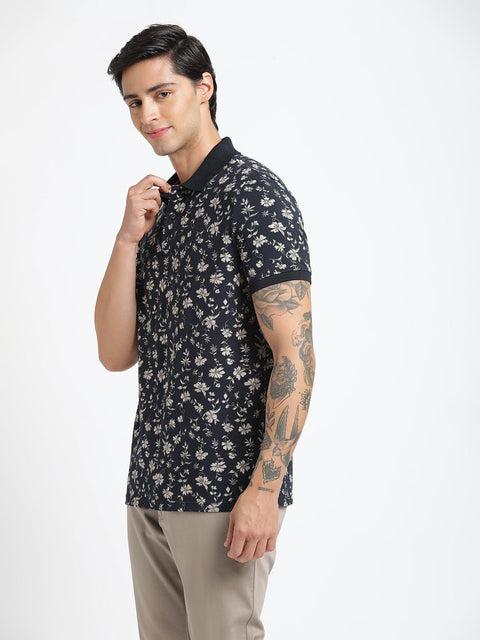 Navy Blue Printed Polo T-Shirt - T-Shirt - 231231127