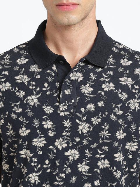 Navy Blue Printed Polo T-Shirt - T-Shirt - 231231127