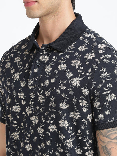 Navy Blue Printed Polo T-Shirt - T-Shirt - 231231127