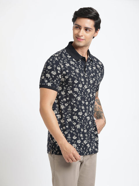 Navy Blue Printed Polo T-Shirt - T-Shirt - 231231127