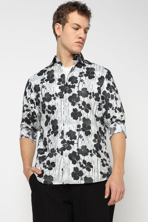 Off White Floral Printed Satin Shirt - Shirts - 241230192