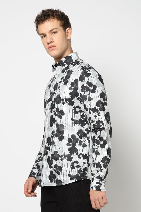 Off White Floral Printed Satin Shirt - Shirts - 241230192