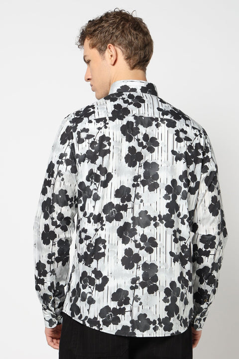 Off White Floral Printed Satin Shirt - Shirts - 241230192