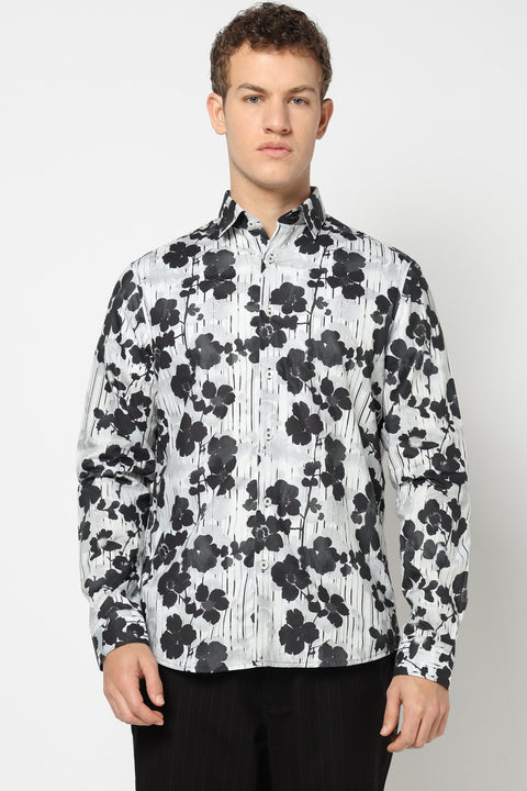 Off White Floral Printed Satin Shirt - Shirts - 241230192