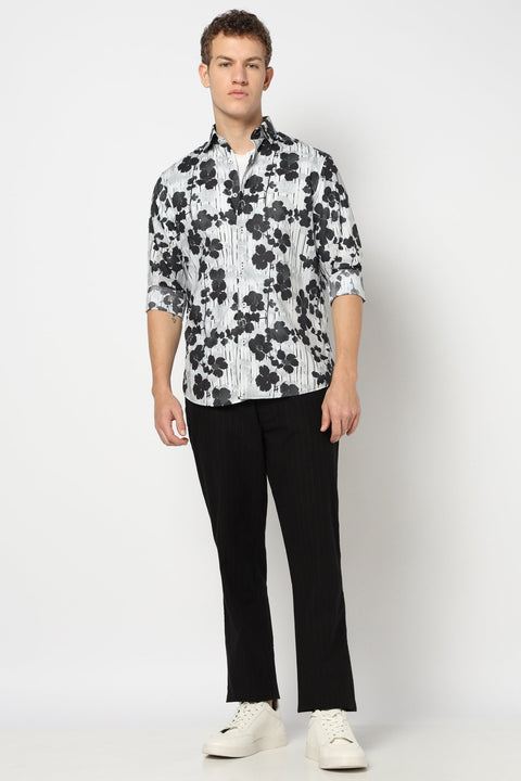 Off White Floral Printed Satin Shirt - Shirts - 241230192
