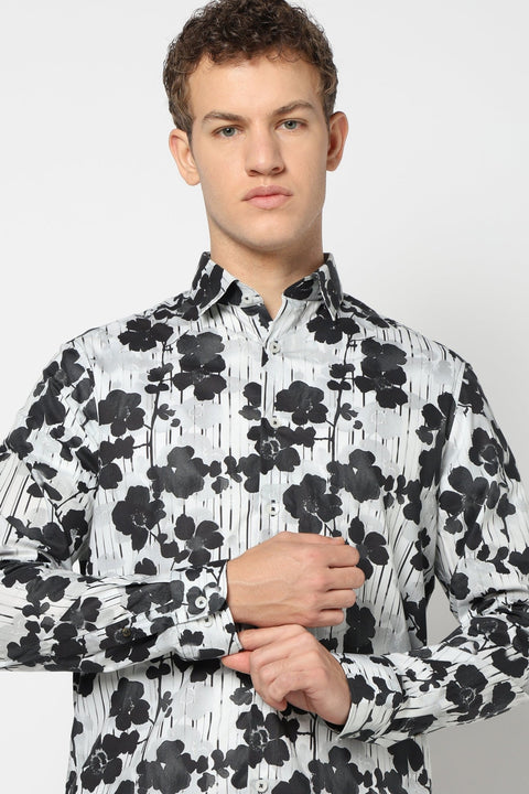 Off White Floral Printed Satin Shirt - Shirts - 241230192