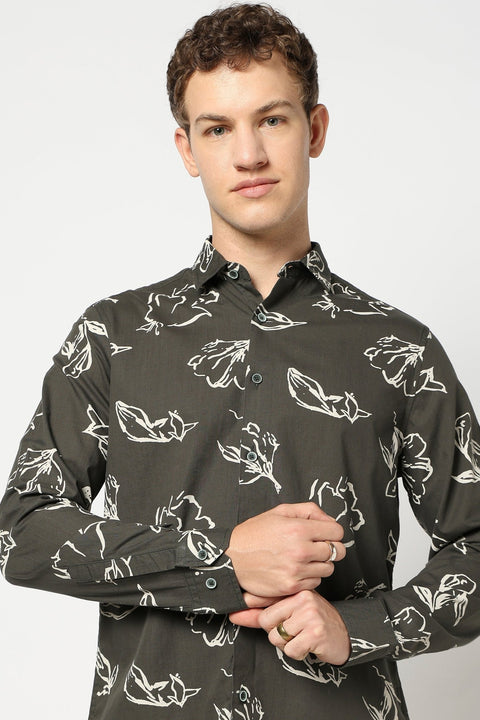 Olive Botenical Printed Fulle Sleeve Shirt - Shirts - 250331058