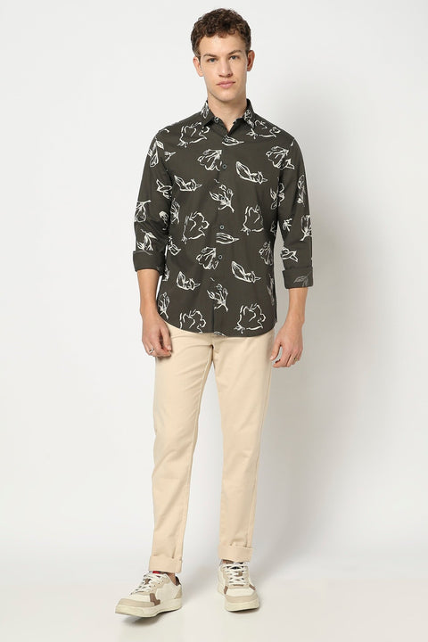 Olive Botenical Printed Fulle Sleeve Shirt - Shirts - 250331058