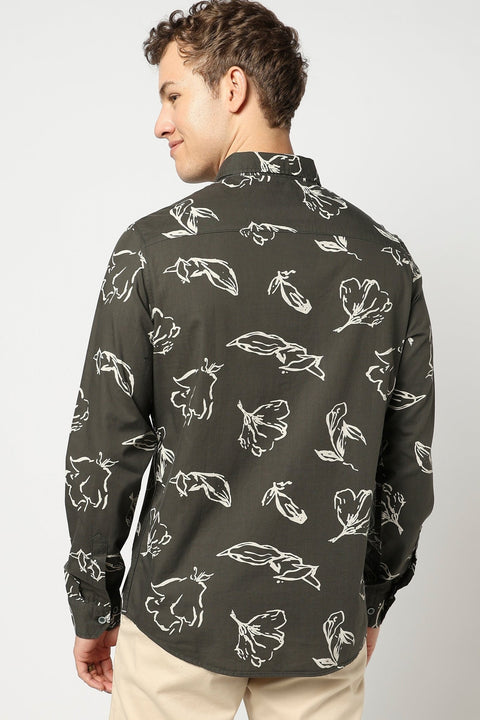 Olive Botenical Printed Fulle Sleeve Shirt - Shirts - 250331058