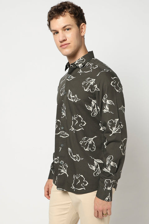 Olive Botenical Printed Fulle Sleeve Shirt - Shirts - 250331058