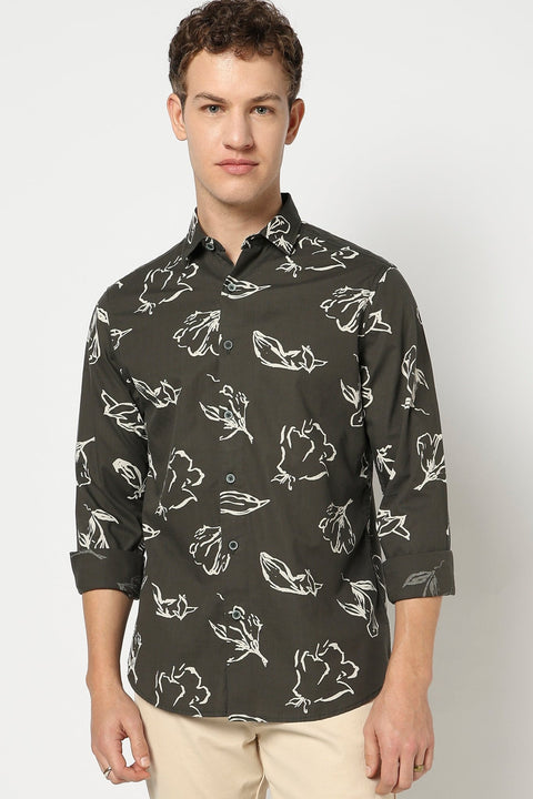 Olive Botenical Printed Fulle Sleeve Shirt - Shirts - 250331058