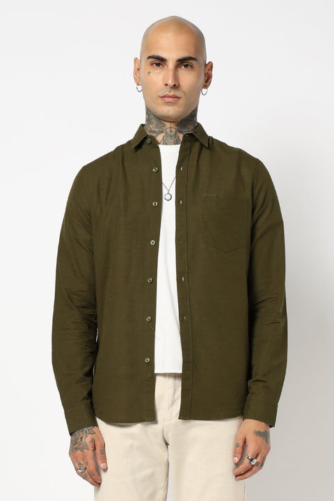 OLIVE SOLID FULL SLEEVE TAILORED FIT SHIRT-Shirt - 250531418
