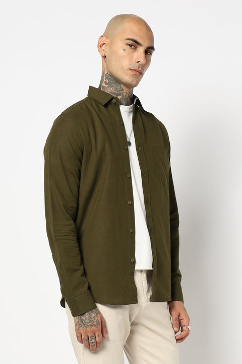 OLIVE SOLID FULL SLEEVE TAILORED FIT SHIRT-Shirt - 250531418