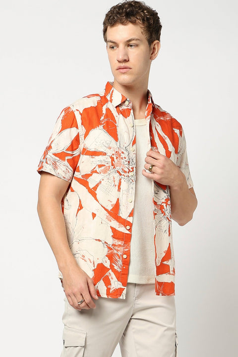 Orange Abstract Printed Half Sleeve Shirt - Shirts - 250531358