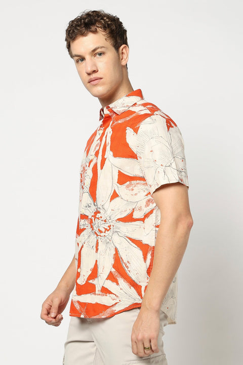 Orange Abstract Printed Half Sleeve Shirt - Shirts - 250531358