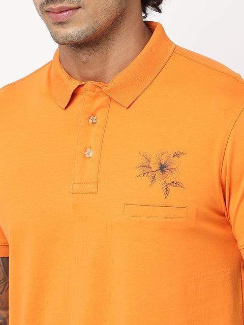 Orange Printed Polo Collar T-shirt - T-Shirt - 230300246